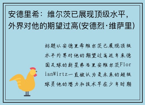安德里希：维尔茨已展现顶级水平，外界对他的期望过高(安德烈·维萨里)