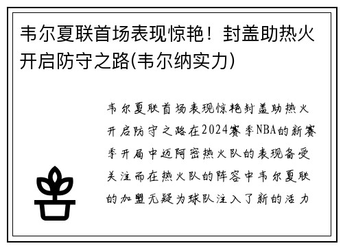 韦尔夏联首场表现惊艳！封盖助热火开启防守之路(韦尔纳实力)