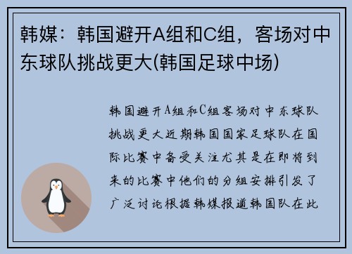 韩媒：韩国避开A组和C组，客场对中东球队挑战更大(韩国足球中场)