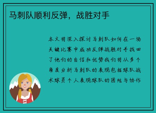马刺队顺利反弹，战胜对手