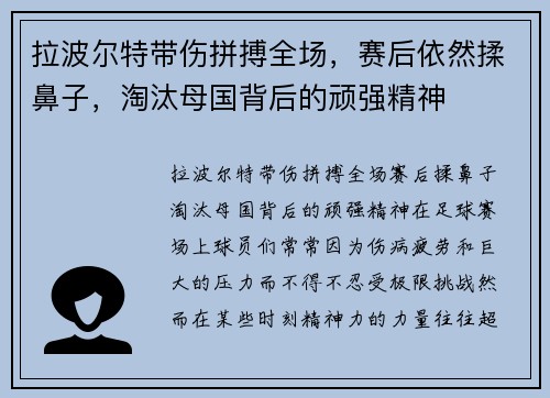拉波尔特带伤拼搏全场，赛后依然揉鼻子，淘汰母国背后的顽强精神