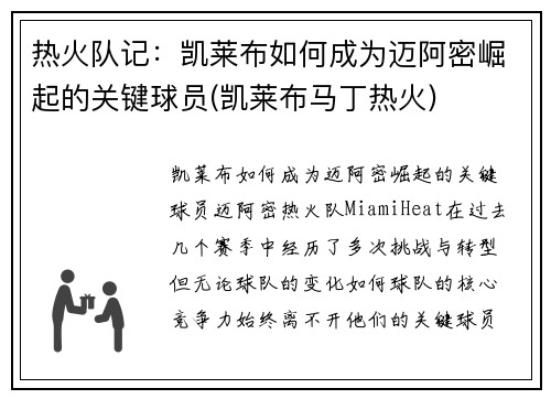 热火队记：凯莱布如何成为迈阿密崛起的关键球员(凯莱布马丁热火)