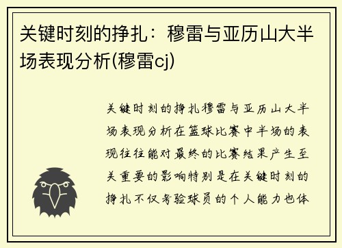 关键时刻的挣扎：穆雷与亚历山大半场表现分析(穆雷cj)
