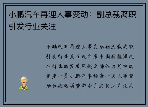 小鹏汽车再迎人事变动：副总裁离职引发行业关注
